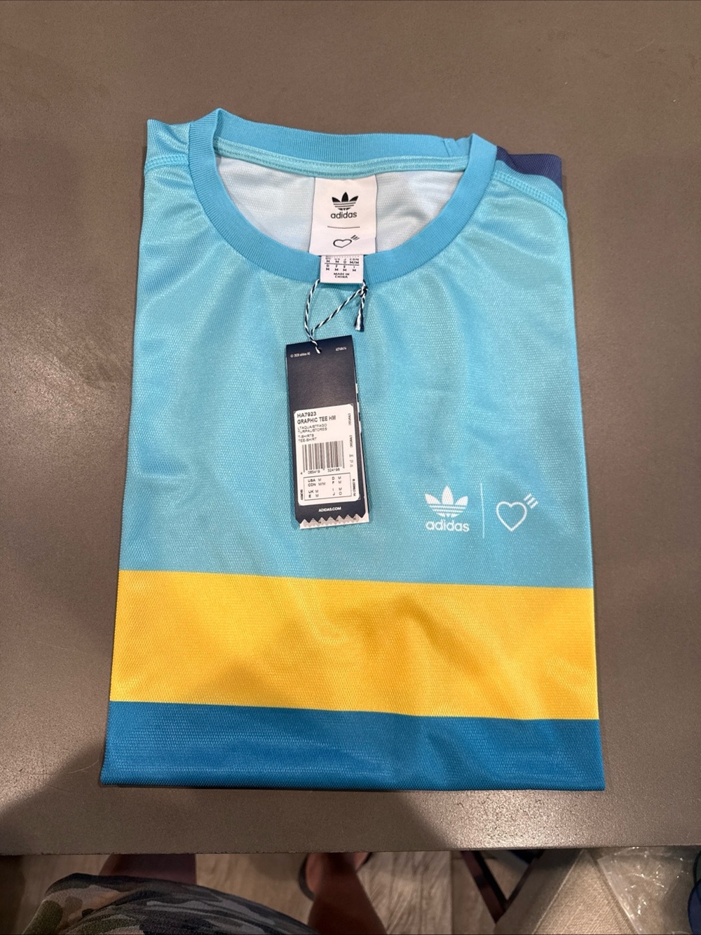 adidas Light Blue Tee with Yellow Stripe and Blue Hem